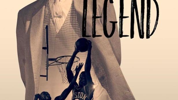 Ein Porträt von Bill Russell, kombiniert mit einer Szene von Basketballspielern.