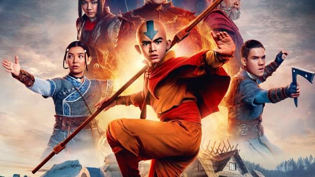 Das Filmplakat für „Avatar: Der Herr der Elemente“ zeigt Aang und andere Charaktere.
