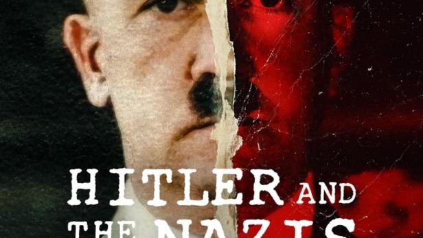 Das Filmplakat für „Hitler and the Nazis: Evil on Trial“ zeigt ein geteiltes Porträt von Adolf Hitler.