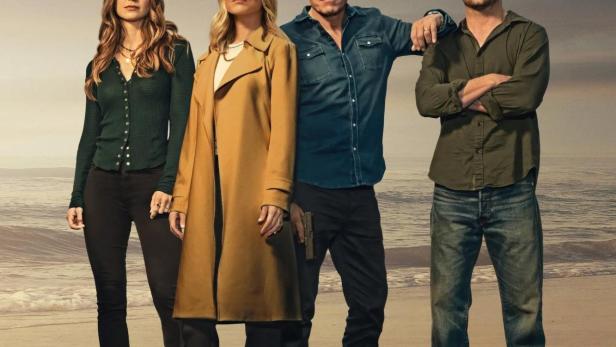 Das Filmplakat für „The Waterfront“ zeigt vier Personen am Strand.