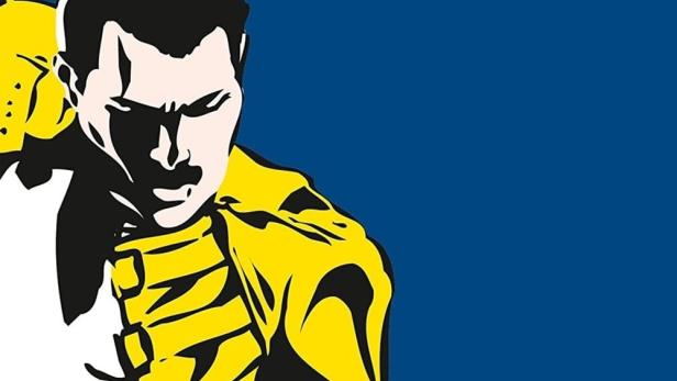 Illustration von Freddie Mercury vor dem Hintergrund des „Freddie Mercury Tribute Concert“.