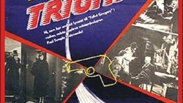 Das Filmplakat für „Paul Temple’s Triumph“ zeigt einen roten Sportwagen und Krimiszenen.