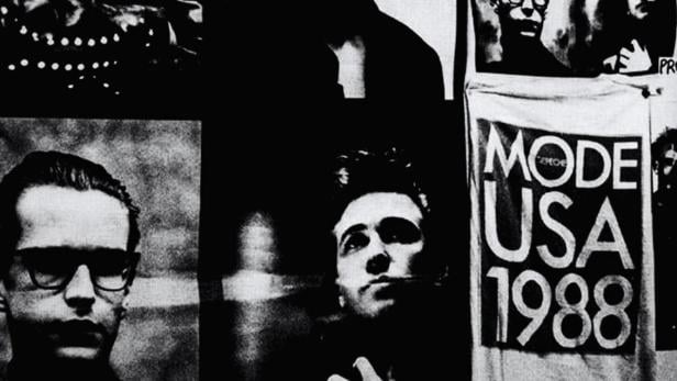 Schwarz-Weiß-Collage mit Fotos der Band Depeche Mode und dem Schriftzug „Depeche Mode 101“.