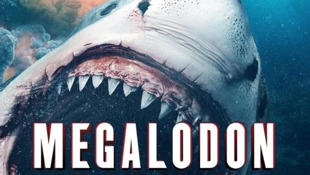 Das Filmplakat für „Megalodon Rising“ zeigt einen riesigen Hai und ein U-Boot unter Wasser.