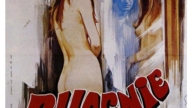 Das Filmplakat für „Eugenie de Sade“ zeigt eine Frau vor einem Spiegel, der einen Mann und ein Messer zeigt.