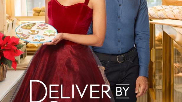 Das Filmplakat für „Deliver by Christmas“ zeigt eine Frau mit Keksen und einen Mann in einer Bäckerei.