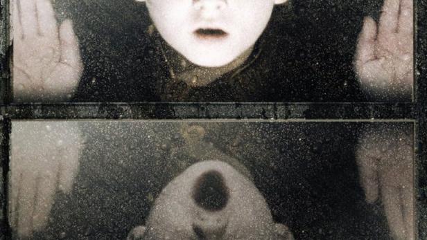 Ein Junge mit hellen Haaren und dunklen Augen blickt durch ein beschlagenes Fenster; sein Spiegelbild ist darunter zu sehen.