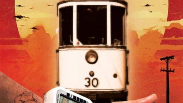 Das Plakat für den Film „Tram“ zeigt eine Hand mit einer futuristischen Uhr und eine Straßenbahn vor einem Sonnenuntergang.