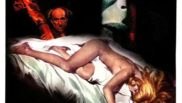 Das Filmplakat für „Byleth: Horrorsex im Geisterschloss“ zeigt eine Frau im Bett und ein unheimliches Gesicht im Schlüsselloch.