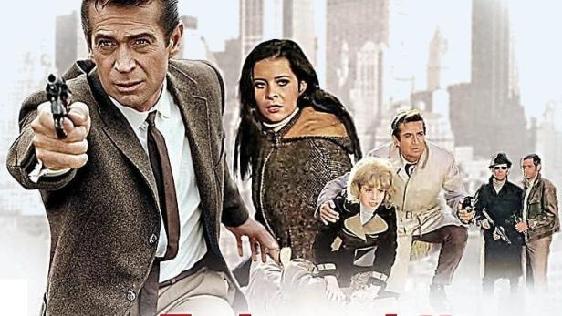 Das Filmplakat für „Todesschüsse am Broadway“ zeigt einen Mann mit einer Waffe vor einer Stadtszene.