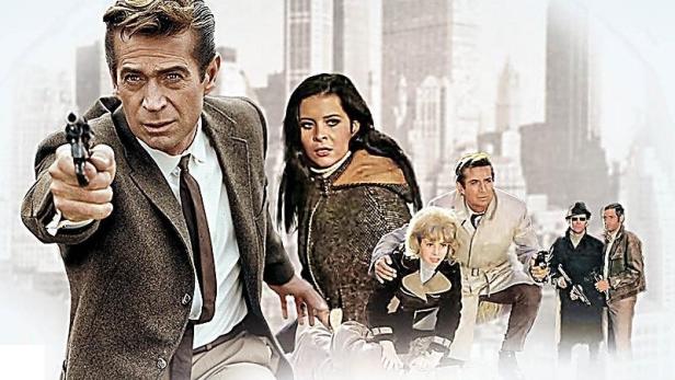 Das Filmplakat für „Todesschüsse am Broadway“ mit Jerry Cotton, der eine Waffe hält.