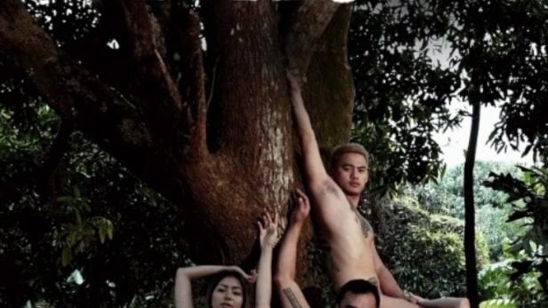 Das Filmplakat für „Virgin Forest“ zeigt eine Gruppe spärlich bekleideter Menschen vor einem Baum.