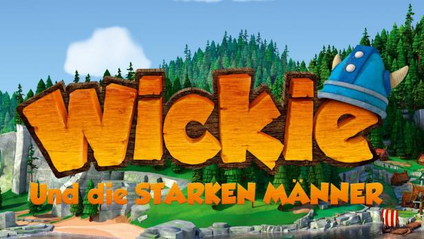 Das Logo der Zeichentrickserie „Wickie und die starken Männer“ vor einer Waldkulisse.