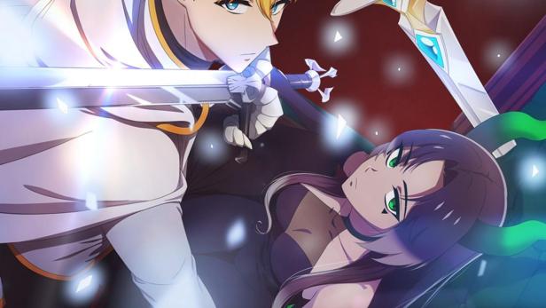 Ein Ritter bedroht eine Dämonenkönigin mit einem Schwert, Titel: „The Demon Queen has a wish“.