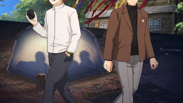 Zwei animierte Figuren stehen vor einem Haus, das mit bunten Bändern geschmückt ist.