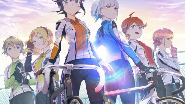 Ein Anime-Poster mit jungen Frauen in Radsportbekleidung und Fahrrädern für „Rinkai!“.