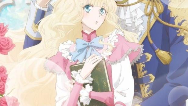 Ein blondes Paar im Anime-Stil, umgeben von Rosen, möglicherweise eine Szene aus „Princess of the Bibliophile“.