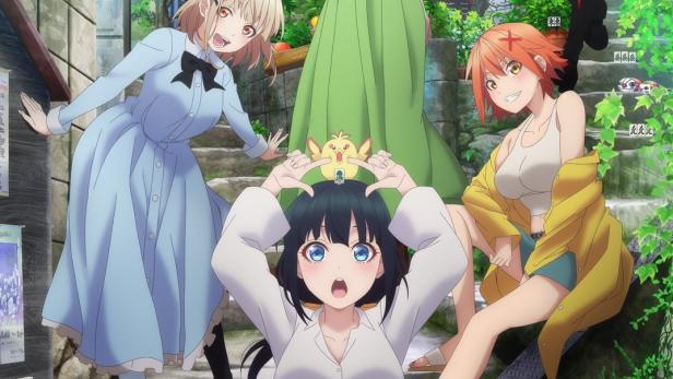 Fünf Anime-Mädchen posieren auf einer Treppe vor dem Hintergrund des Logos „Pon no Michi“.