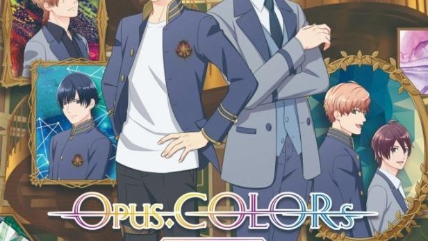 Das Anime-Poster für „Opus.Colors“ zeigt mehrere junge Männer in verschiedenen Porträts.