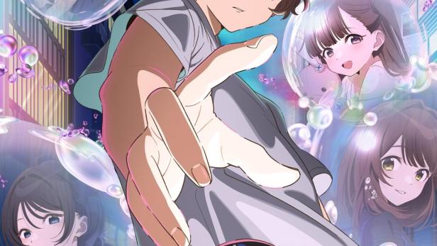 Ein Anime-Poster für „Our Rainy Protocol“ mit einem Jungen und schwebenden Seifenblasen, die andere Charaktere zeigen.