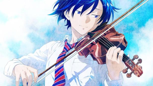 Ein junger Mann mit blauen Haaren spielt Geige vor einem blauen Himmel.