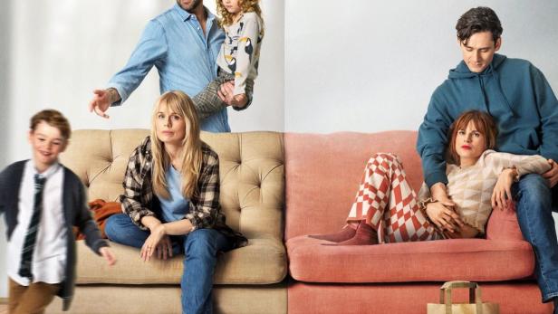 Das Poster für den Film „Der Sinn des Lebens“ zeigt zwei Familienhälften, getrennt durch eine Wand.