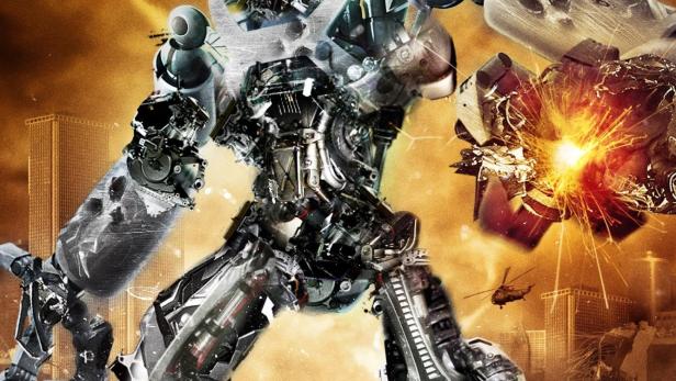 Ein großer Roboter steht vor einer zerstörten Stadt, wie auf einem Filmplakat von „Robotropolis“.