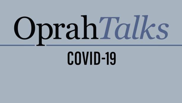 Das Logo von „Oprah Talks COVID-19“ auf hellblauem Hintergrund.
