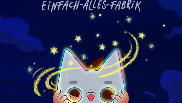 Ein Junge hält eine leuchtende Wolfsmaske vor sein Gesicht, Titel: „WolfBoy und die Einfach-Alles-Fabrik“.