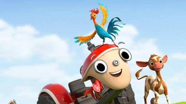 Das Poster für „Otis rollt zur Hilfe!“ zeigt Otis, den Traktor, mit seinen Tierfreunden auf einer Wiese.