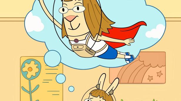 Eine anthropomorphe Häsin sitzt in einem Klassenzimmer und träumt davon, als Superheldin zu fliegen.