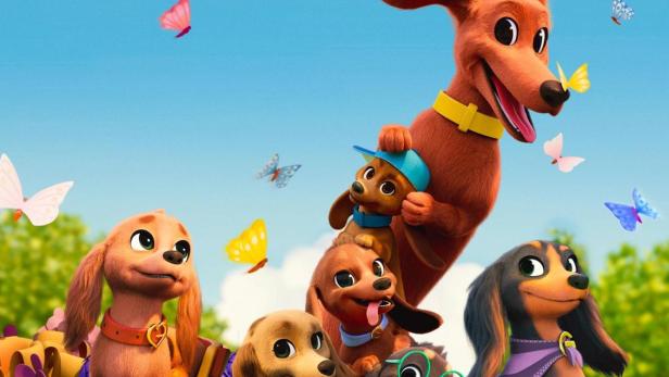 Das animierte Bild zeigt die Titelfigur Pretzel mit seinen Dackelwelpen in einer bunten Blumenwiese.