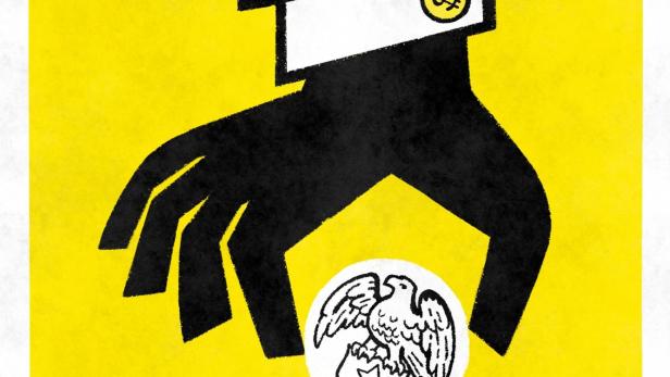 Eine stilisierte Hand mit einem Dollarzeichen am Hemd greift nach einem Siegel mit einem Adler.