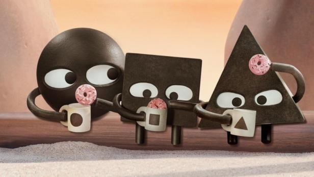 Kreis, Quadrat und Dreieck halten Tassen mit Donuts auf der „Insel der Formen“.