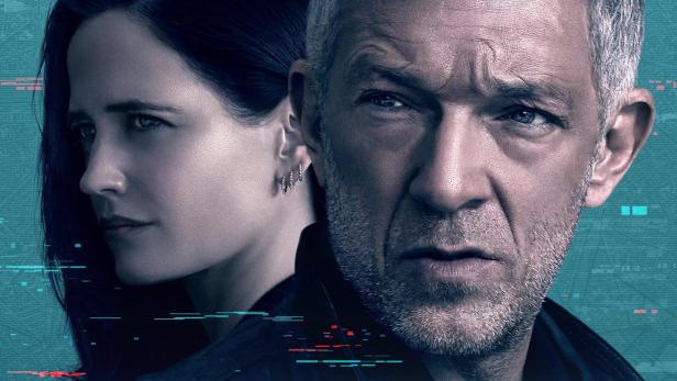 Das Filmplakat für „Liaison“ zeigt Vincent Cassel und Eva Green vor einer Skyline.