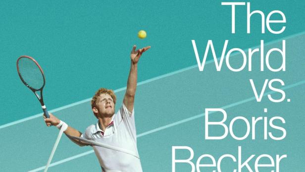 Ein Plakat für „Boom! Boom! The World vs. Boris Becker“ zeigt Boris Becker beim Tennisaufschlag.