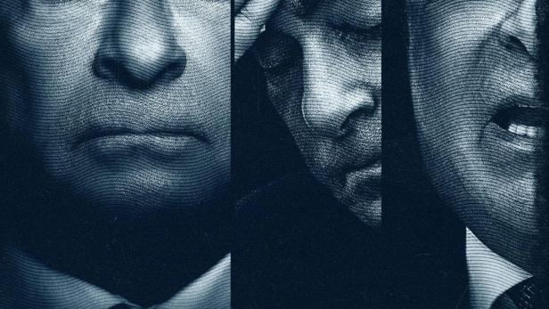 Das Poster für „Wanted: Carlos Ghosn“ zeigt ein dreigeteiltes Porträt von Carlos Ghosn.