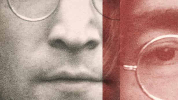 Das Poster für „John Lennon: Murder Without a Trial“ auf Apple TV+ zeigt ein Gesicht in zwei Farbtönen.