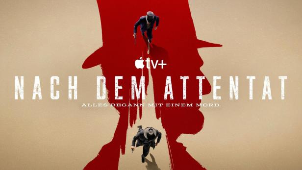 Das Filmplakat für „Nach dem Attentat“ zeigt zwei Männer mit Waffen vor einem roten Hut-Schattenriss.