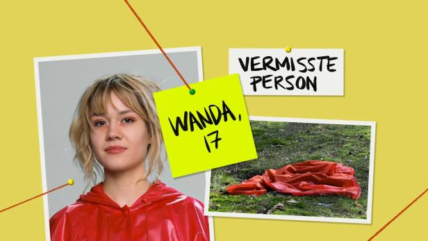 Collage mit dem Foto einer jungen Frau, einem Zettel mit „Wanda, 17“ und einem roten Kleidungsstück im Wald.