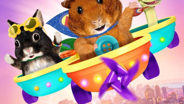 Das Titelbild von „Wonder Pets in der Stadt“ zeigt drei Tiere in einem fliegenden Gefährt vor einer Stadtkulisse.