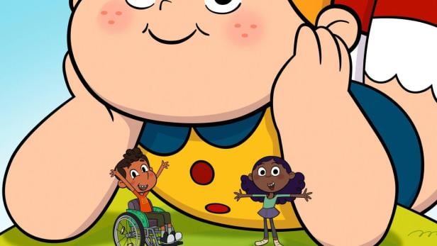 Das animierte Poster für „Riesenherz“ zeigt ein großes Mädchen mit zwei kleinen Freunden.