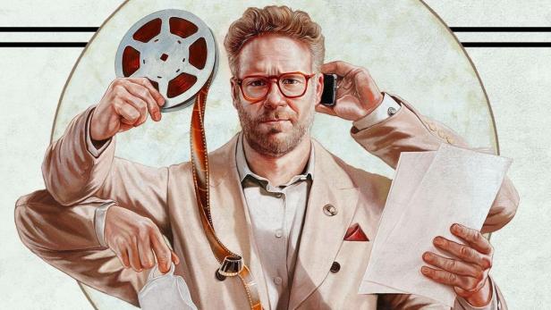 Ein Porträt von Seth Rogen als vielbeschäftigter Studiomanager mit mehreren Armen.