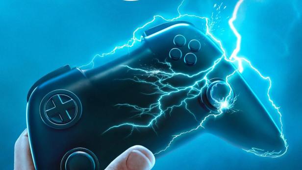 Ein Gamecontroller in der Hand, umgeben von Blitzen, bewirbt die Apple TV+ Serie „Side Quest“.