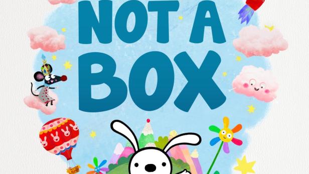 Ein weißes Kaninchen steht in einer braunen Kiste, umgeben von Fantasiefiguren wie einer Rakete und Wolken.