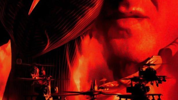 Das Filmplakat für „Im Fadenkreuz des Todes“ zeigt eine Frau mit Waffe, ein Männergesicht und Hubschrauber.