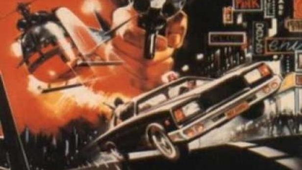 Ein Mann zielt mit einer Pistole, während ein Auto springt und ein Hubschrauber fliegt; Filmposter „Deadly Impact“.