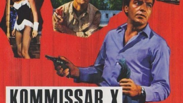 Das Filmplakat zu „Kommissar X – Drei grüne Hunde“ zeigt Tony Kendall mit einer Waffe.