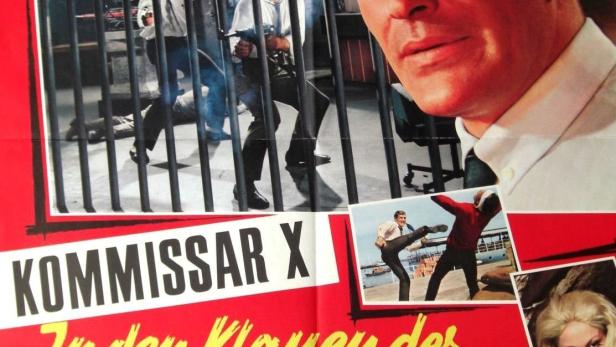 Das Filmplakat zu „Kommissar X – In den Klauen des goldenen Drachen“ zeigt Tony Kendall und Actionszenen.