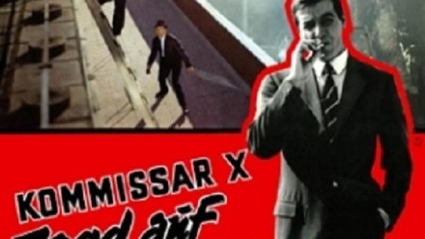 Das Filmplakat für „Kommissar X – Jagd auf Unbekannt“ zeigt zwei Männer auf einem Dach und einen Mann im Anzug.